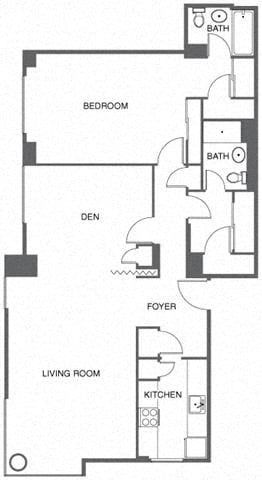 Floor plan for 1 bed, 2 baths